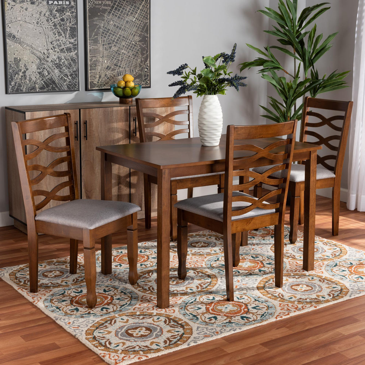 Baxton Studio Lanier Modern And Contemporary Grey Fabric Upholstered And Walnut Brown Finished Wood 5-Piece Dining Set - RH318C-Grey/Walnut-5PC Dining Set