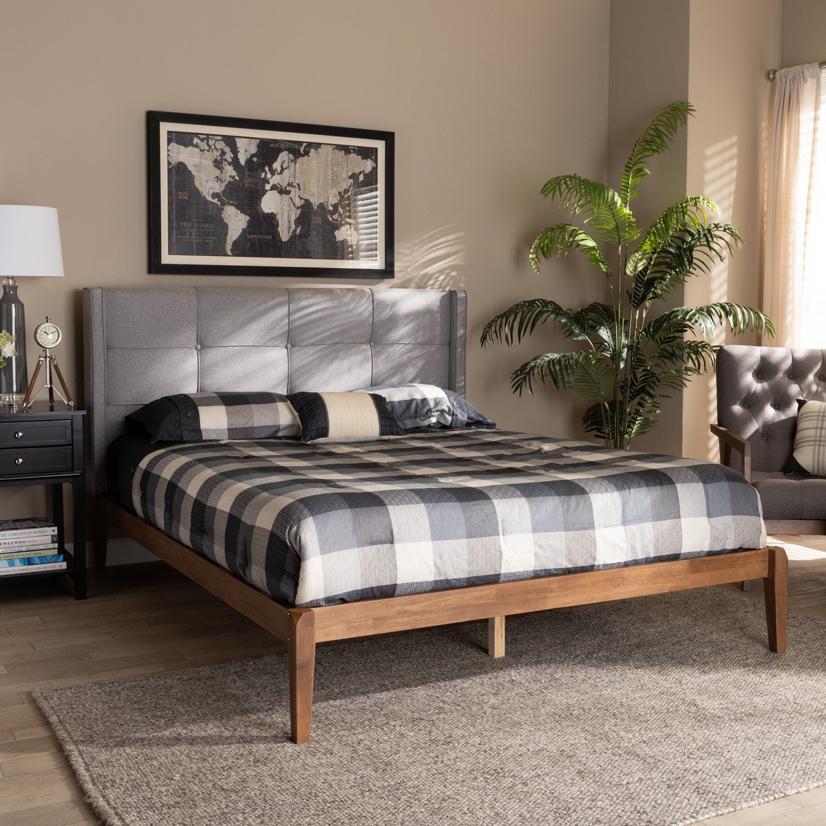 Baxton Studio Edmond Modern and Contemporary Grey Fabric Upholstered and Ash Walnut Brown Finished Wood Full Size Platform Bed