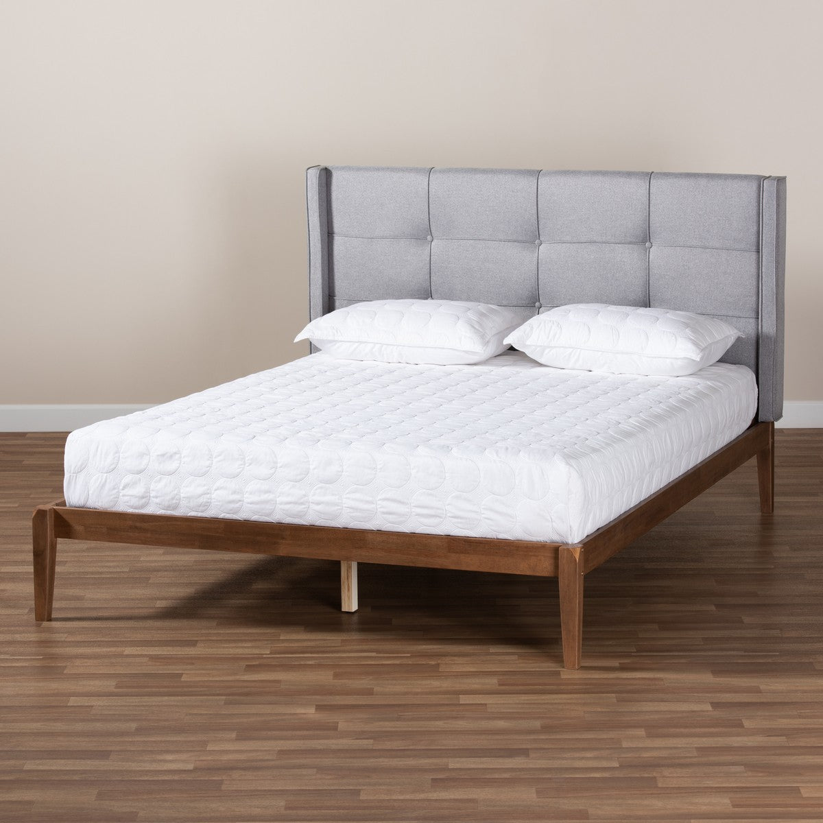 Baxton Studio Edmond Modern and Contemporary Grey Fabric Upholstered and Ash Walnut Brown Finished Wood Full Size Platform Bed