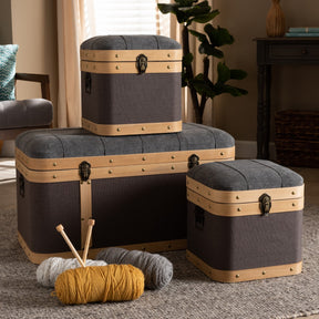 Baxton Studio Clarence Modern and Contemporary Transitional Dark Grey and Dark Brown Fabric Upholstered Oak Brown Finished 3-Piece Storage Ottoman Trunk Set