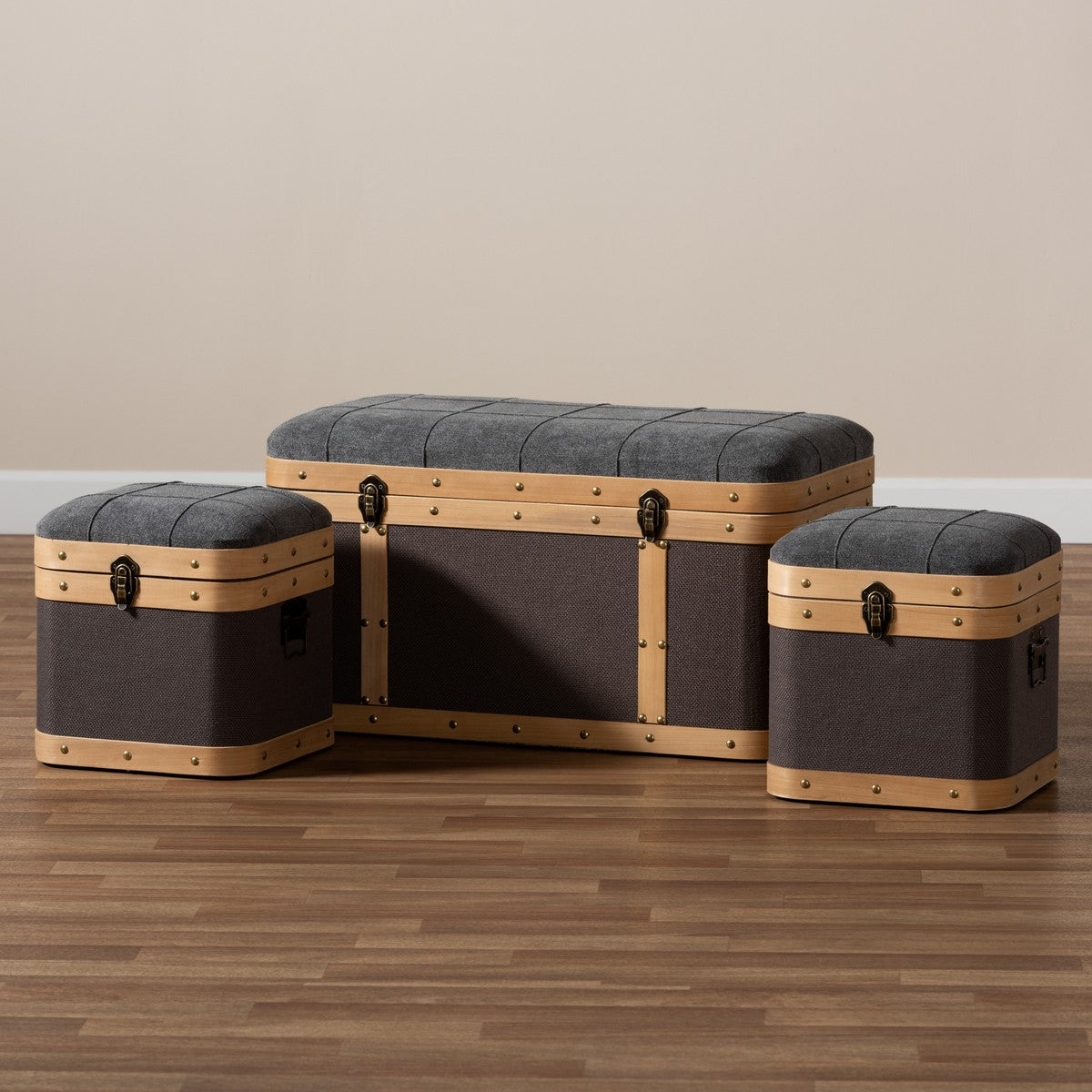 Baxton Studio Clarence Modern and Contemporary Transitional Dark Grey and Dark Brown Fabric Upholstered Oak Brown Finished 3-Piece Storage Ottoman Trunk Set