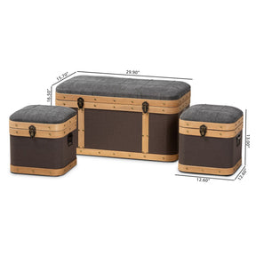 Baxton Studio Clarence Modern and Contemporary Transitional Dark Grey and Dark Brown Fabric Upholstered Oak Brown Finished 3-Piece Storage Ottoman Trunk Set