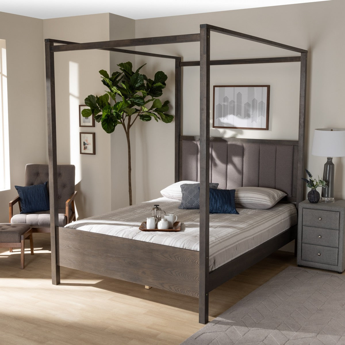 Baxton Studio Natasha Modern and Contemporary Grey Fabric Upholstered and Dark Grey Oak Finished Wood King Size Platform Canopy Bed