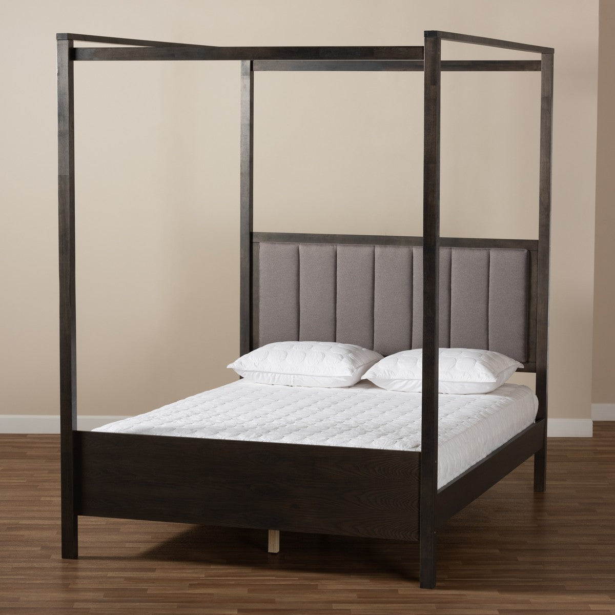 Baxton Studio Natasha Modern and Contemporary Grey Fabric Upholstered and Dark Grey Oak Finished Wood King Size Platform Canopy Bed