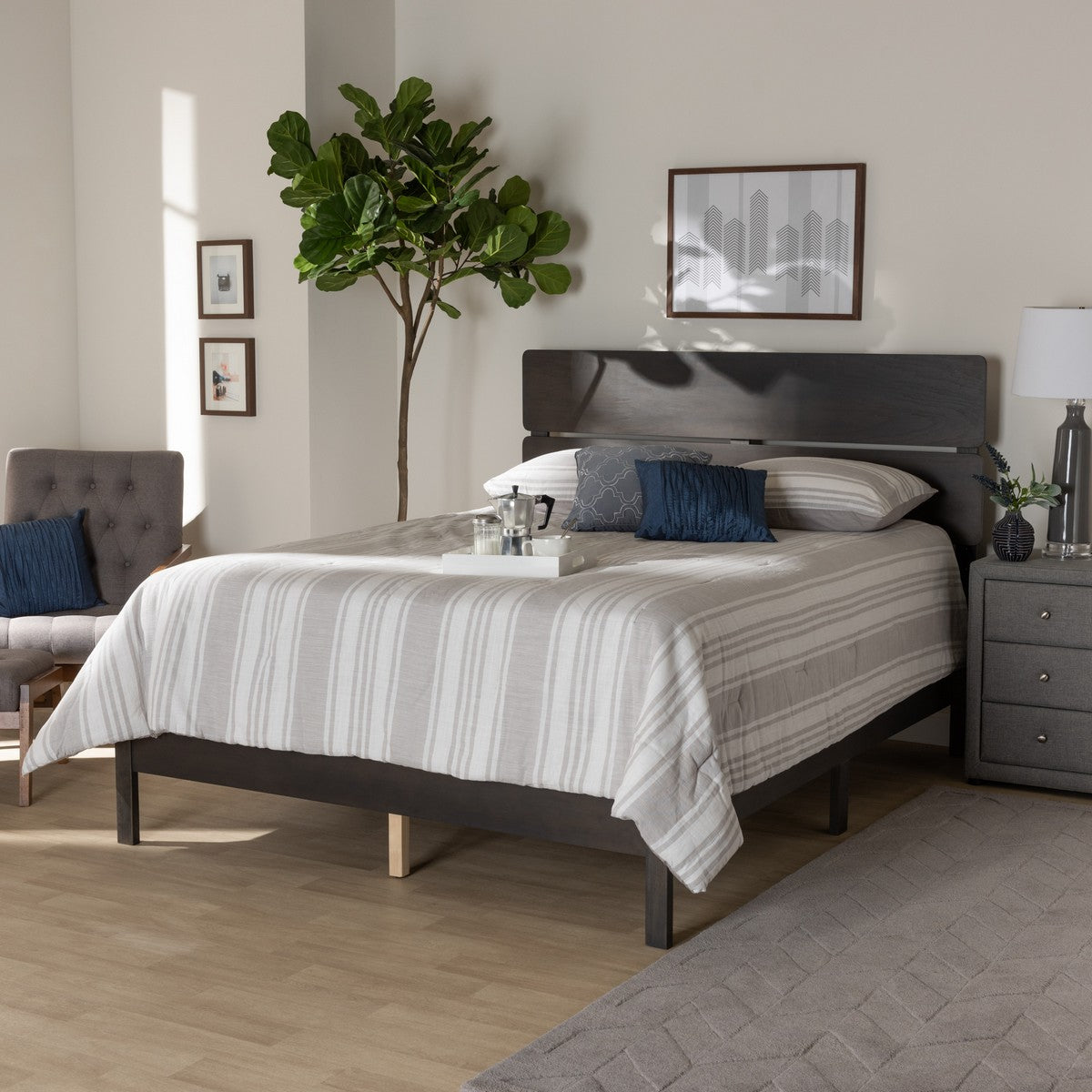 Baxton Studio Anthony Modern and Contemporary Dark Grey Oak Finished Wood Queen Size Panel Bed