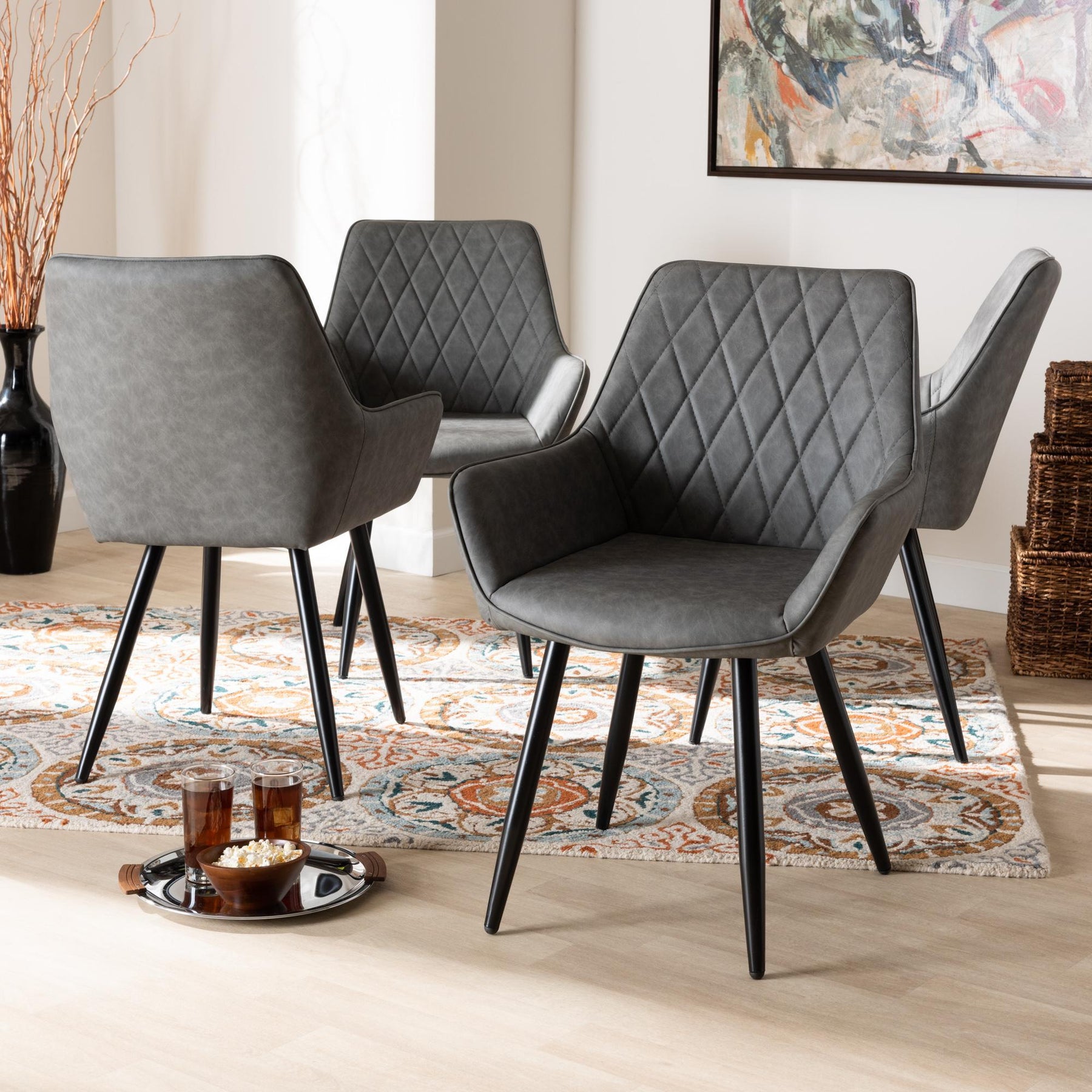 Baxton Studio Astrid Mid-Century Contemporary Grey Faux Leather Upholstered And Black Metal 4-Piece Dining Chair Set - 19A09-Grey/Black-DC