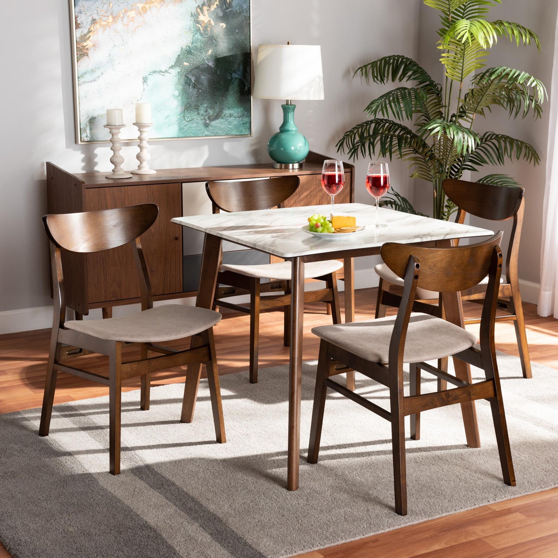 Baxton Studio Paras Mid-Century Modern Transitional Light Beige Fabric Upholstered And Walnut Brown Finished Wood 5-Piece Dining Set With Faux Marble Dining Table - Paras-Latte/Walnut-5PC Dining Set