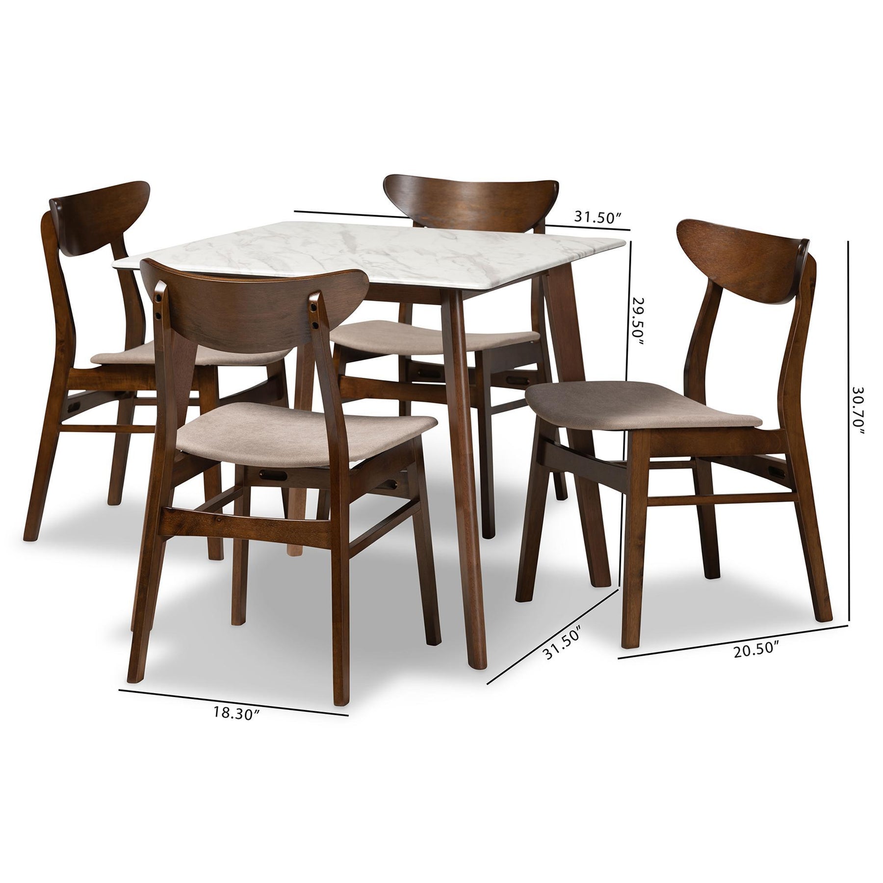 Baxton Studio Paras Mid-Century Modern Transitional Light Beige Fabric Upholstered And Walnut Brown Finished Wood 5-Piece Dining Set With Faux Marble Dining Table - Paras-Latte/Walnut-5PC Dining Set