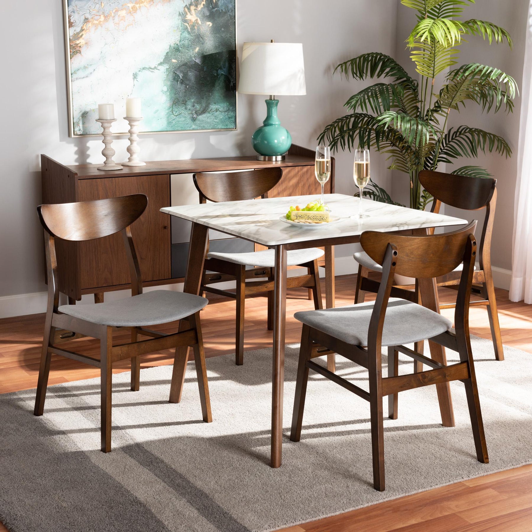 Baxton Studio Paras Mid-Century Modern Transitional Light Grey Fabric Upholstered And Walnut Brown Finished Wood 5-Piece Dining Set With Faux Marble Dining Table - Paras-Smoke/Walnut-5PC Dining  Set