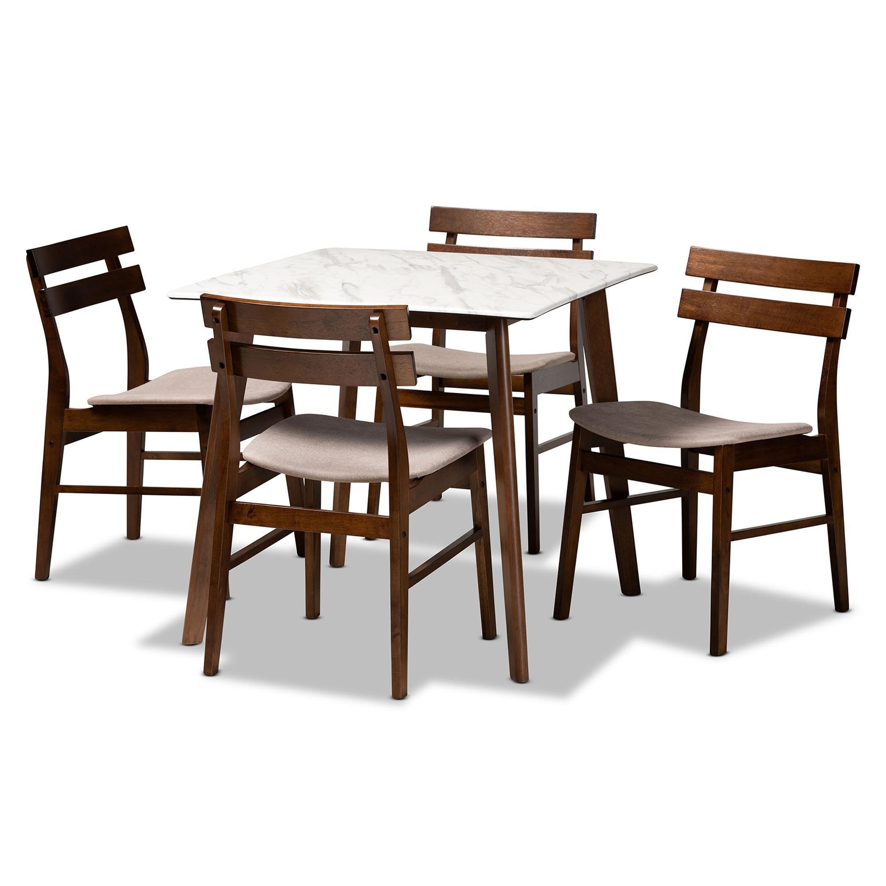 Baxton Studio Richmond Mid-Century Modern Light Beige Fabric Upholstered And Walnut Brown Finished Wood 5-Piece Dining Set With Faux Marble Dining Table - Richmond-Latte/Walnut-5PC Dining Set