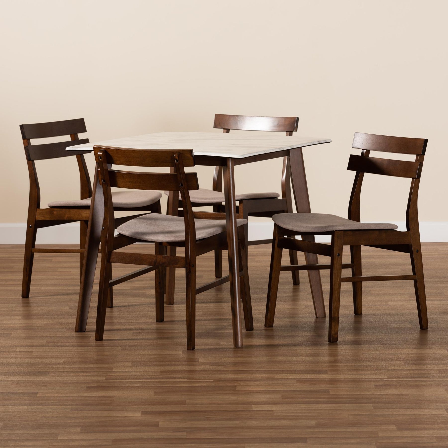 Baxton Studio Richmond Mid-Century Modern Light Beige Fabric Upholstered And Walnut Brown Finished Wood 5-Piece Dining Set With Faux Marble Dining Table - Richmond-Latte/Walnut-5PC Dining Set