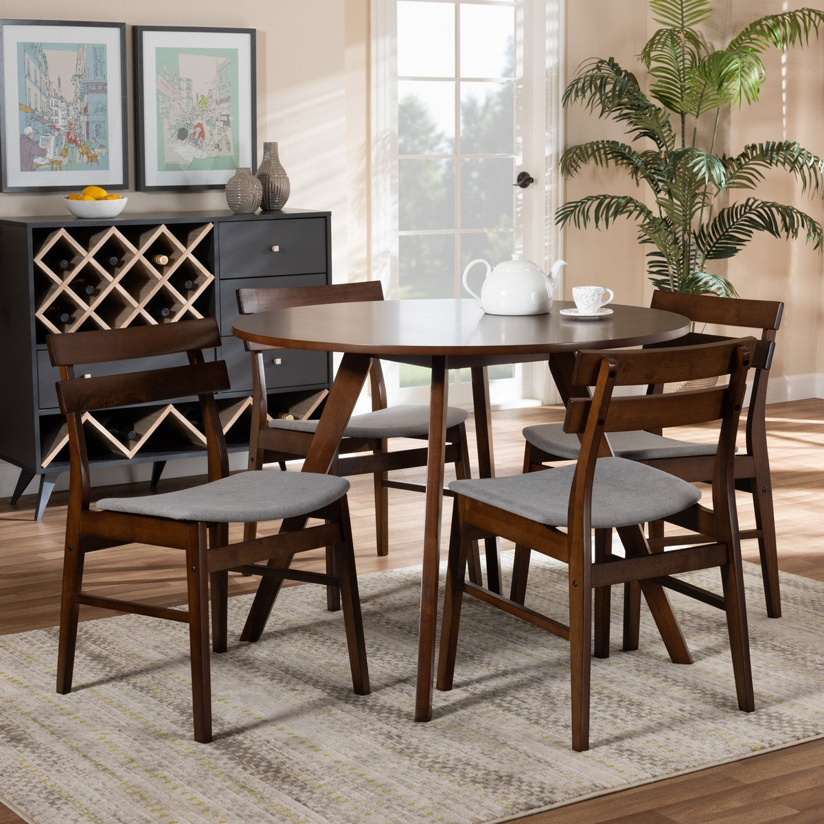 Baxton Studio Eiko Mid-Century Modern Transitional Light Grey Fabric Upholstered and Walnut Brown Finished Wood 5-Piece Dining Set