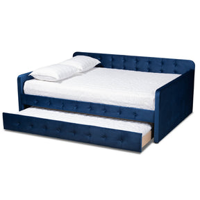 Baxton Studio Jona Modern and Contemporary Transitional Navy Blue Velvet Fabric Upholstered and Button Tufted Queen Size Daybed with Trundle