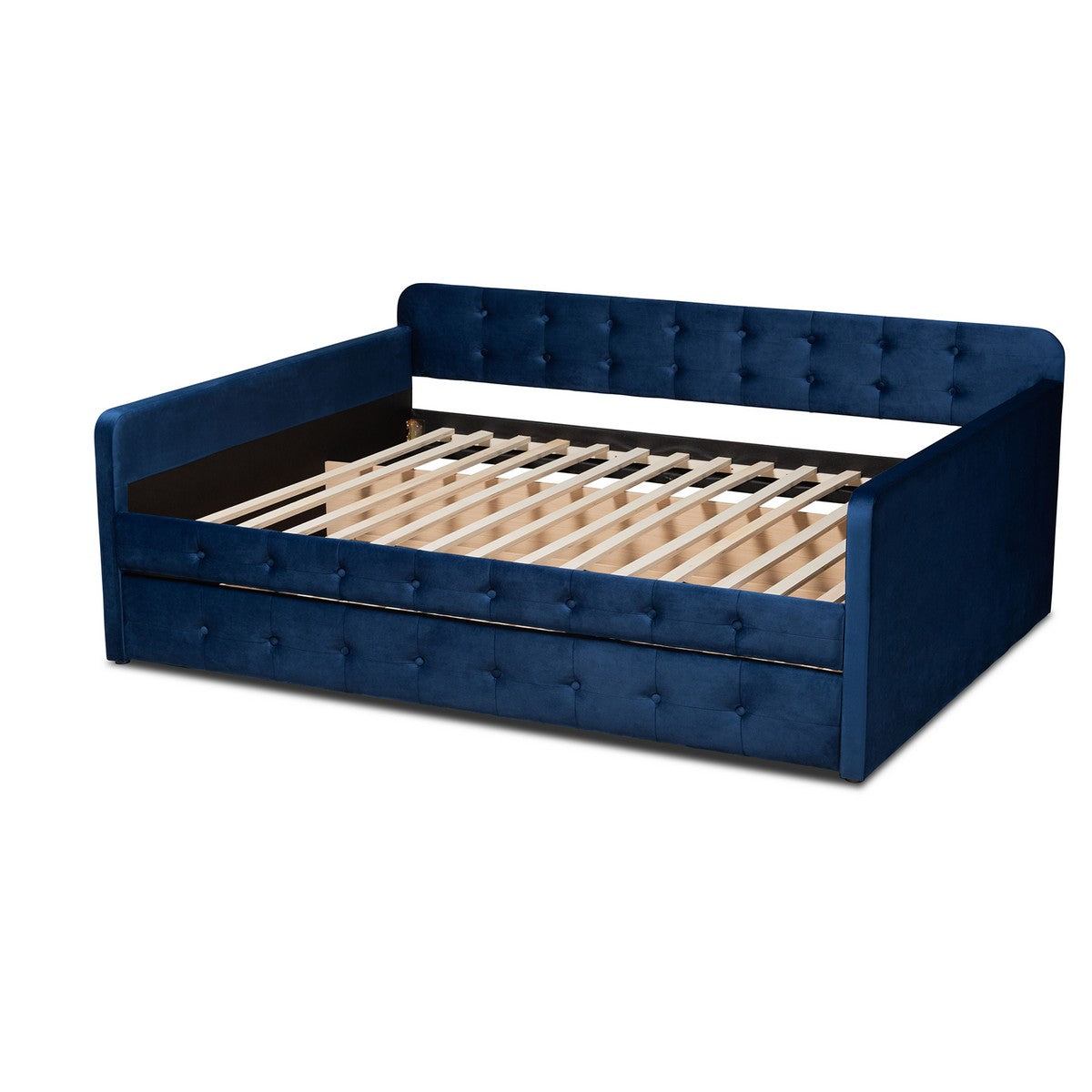 Baxton Studio Jona Modern and Contemporary Transitional Navy Blue Velvet Fabric Upholstered and Button Tufted Queen Size Daybed with Trundle