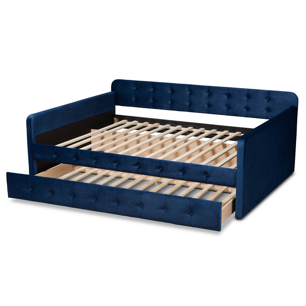 Baxton Studio Jona Modern and Contemporary Transitional Navy Blue Velvet Fabric Upholstered and Button Tufted Queen Size Daybed with Trundle