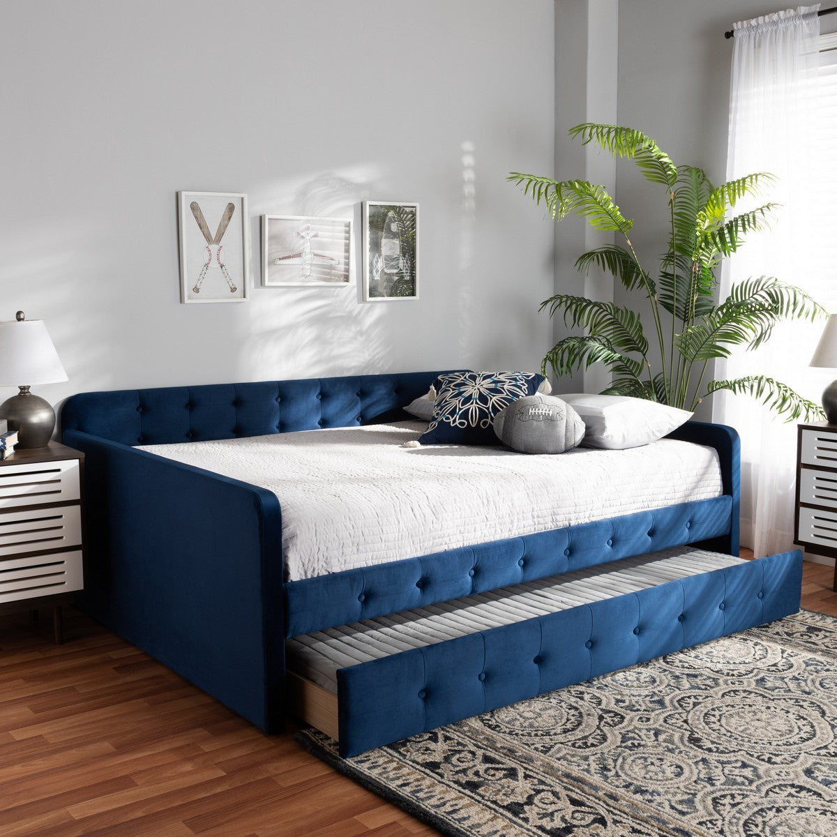 Baxton Studio Jona Modern and Contemporary Transitional Navy Blue Velvet Fabric Upholstered and Button Tufted Queen Size Daybed with Trundle