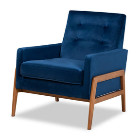 Baxton Studio Perris Mid-Century Modern Navy Blue Velvet Fabric Upholstered and Walnut Brown Finished Wood Lounge Chair Baxton Studio-chairs-Minimal And Modern - 1