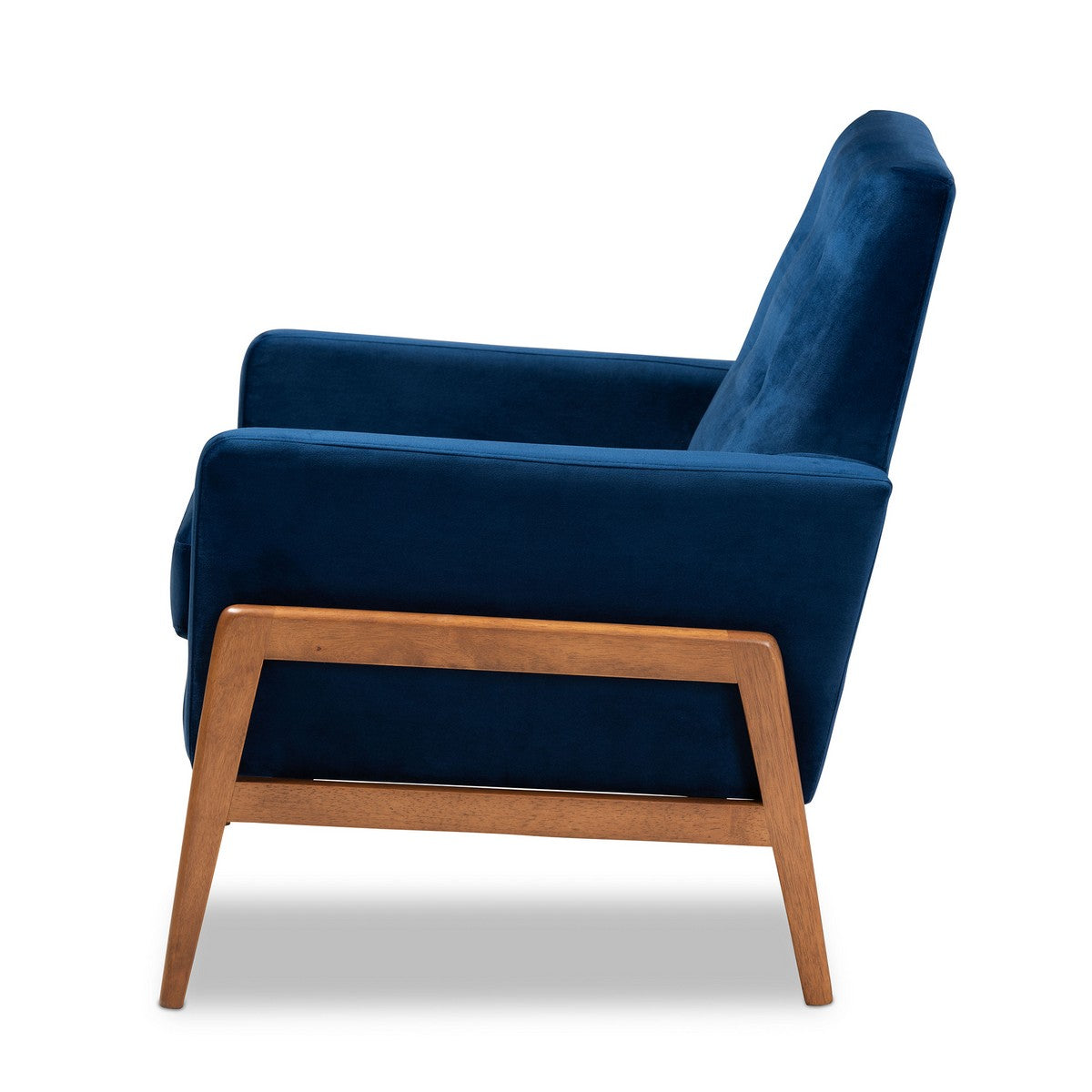 Baxton Studio Perris Mid-Century Modern Navy Blue Velvet Fabric Upholstered and Walnut Brown Finished Wood Lounge Chair