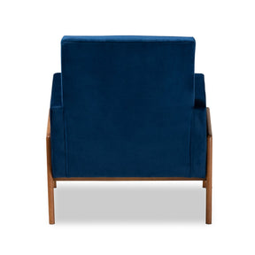 Baxton Studio Perris Mid-Century Modern Navy Blue Velvet Fabric Upholstered and Walnut Brown Finished Wood Lounge Chair