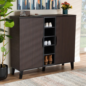 Baxton Studio Idina Mid-Century Modern Two-Tone Dark Brown and Grey Finished Wood 2-Door Shoe Cabinet