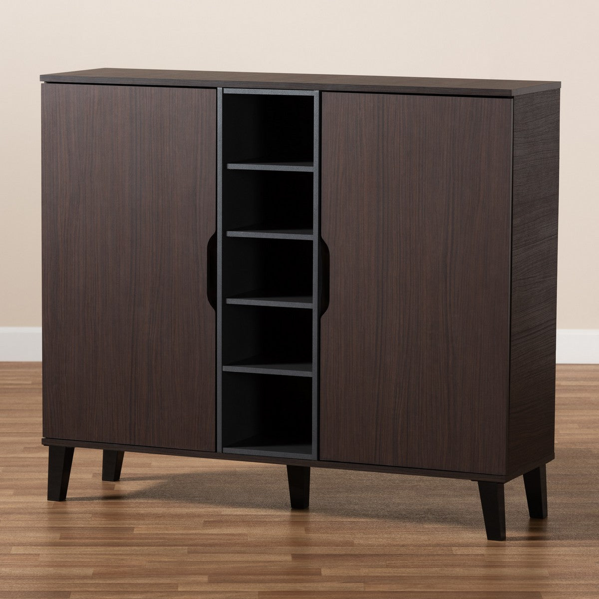 Baxton Studio Idina Mid-Century Modern Two-Tone Dark Brown and Grey Finished Wood 2-Door Shoe Cabinet