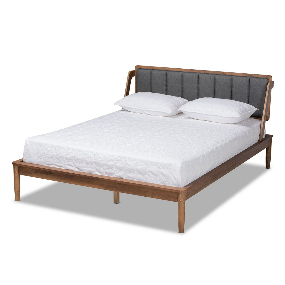 Baxton Studio Helsa Mid-Century Modern Dark Grey Fabric Upholstered and Walnut Finished King Size Platform Bed Baxton Studio-beds-Minimal And Modern - 1