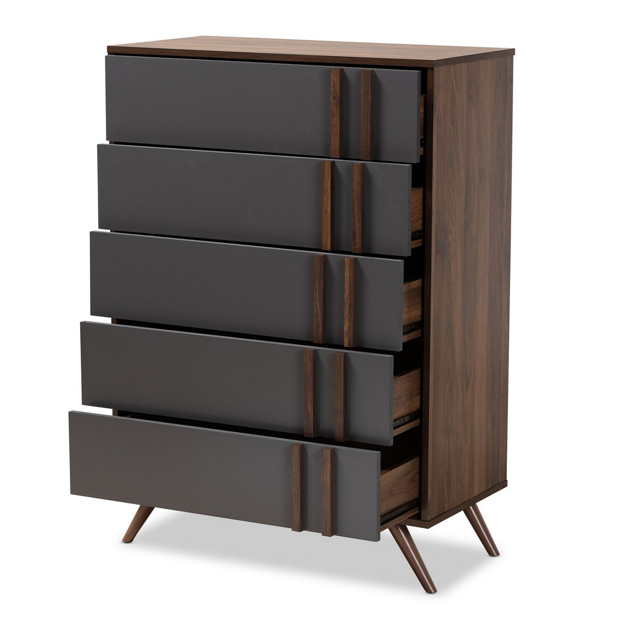 Baxton Studio Naoki Modern and Contemporary Two-Tone Grey and Walnut Finished Wood 5-Drawer Bedroom Chest