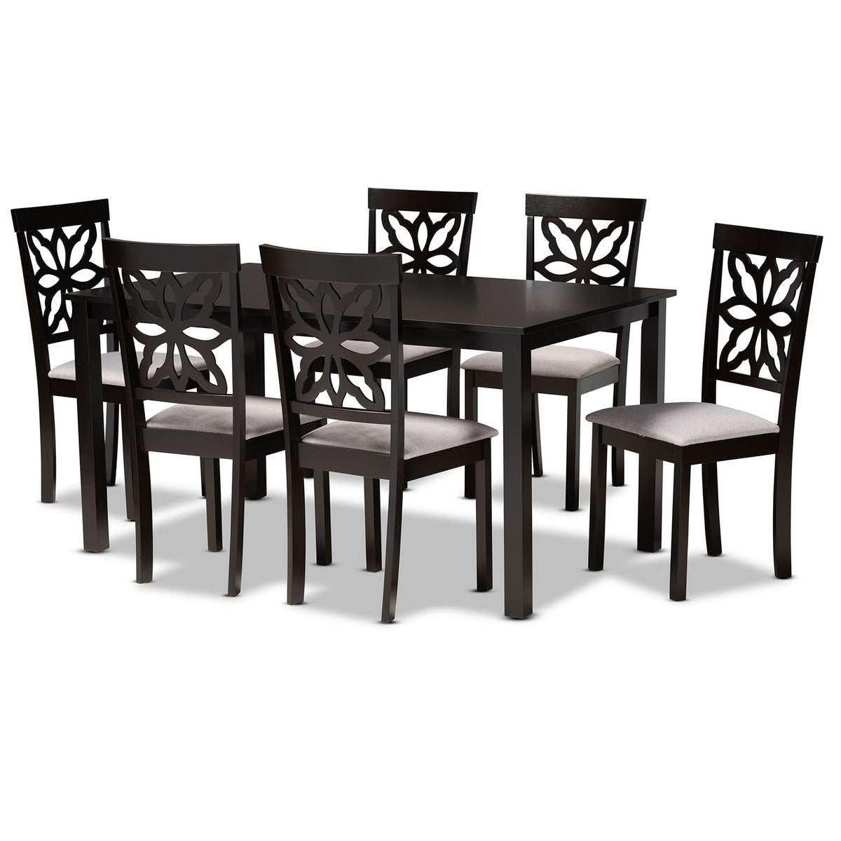 Baxton Studio Dallas Modern and Contemporary Grey Fabric Upholstered and Dark Brown Finished Wood 7-Piece Dining Set Baxton Studio-Dining Sets-Minimal And Modern - 1