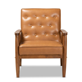 Baxton Studio Sorrento Mid-Century Modern Tan Faux Leather Upholstered and Walnut Brown Finished Wood Lounge Chair