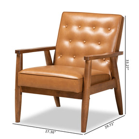 Baxton Studio Sorrento Mid-Century Modern Tan Faux Leather Upholstered and Walnut Brown Finished Wood Lounge Chair