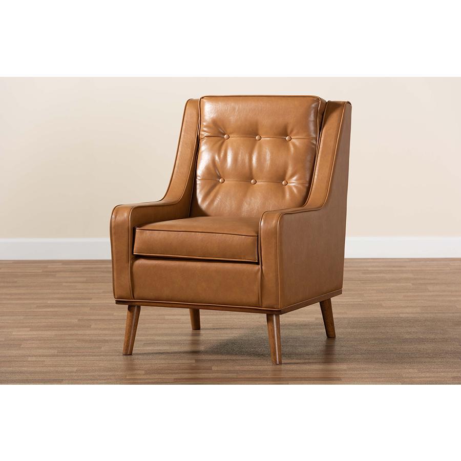 Baxton Studio Daley Modern And Contemporary Tan Faux Leather Upholstered And Walnut Brown Finished Wood Lounge Armchair - BBT8056-Tan PU/Walnut-CC