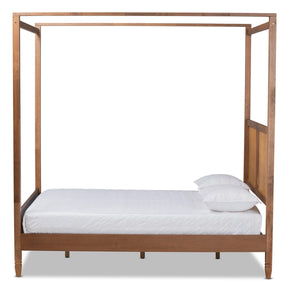 Baxton Studio Malia Modern And Contemporary Walnut Brown Finished Wood And Synthetic Rattan Queen Size Canopy Bed - MG-0021-3-Walnut-Queen