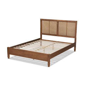 Baxton Studio Redmond Mid-Century Modern Walnut Brown Finished Wood And Synthetic Rattan Queen Size Platform Bed - MG-0021-4-Walnut-Queen