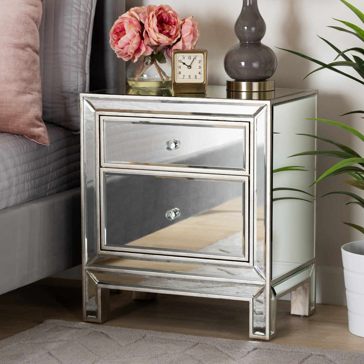 Baxton Studio Fadri Contemporary Glam and Luxe Mirrored 2 Drawer Night