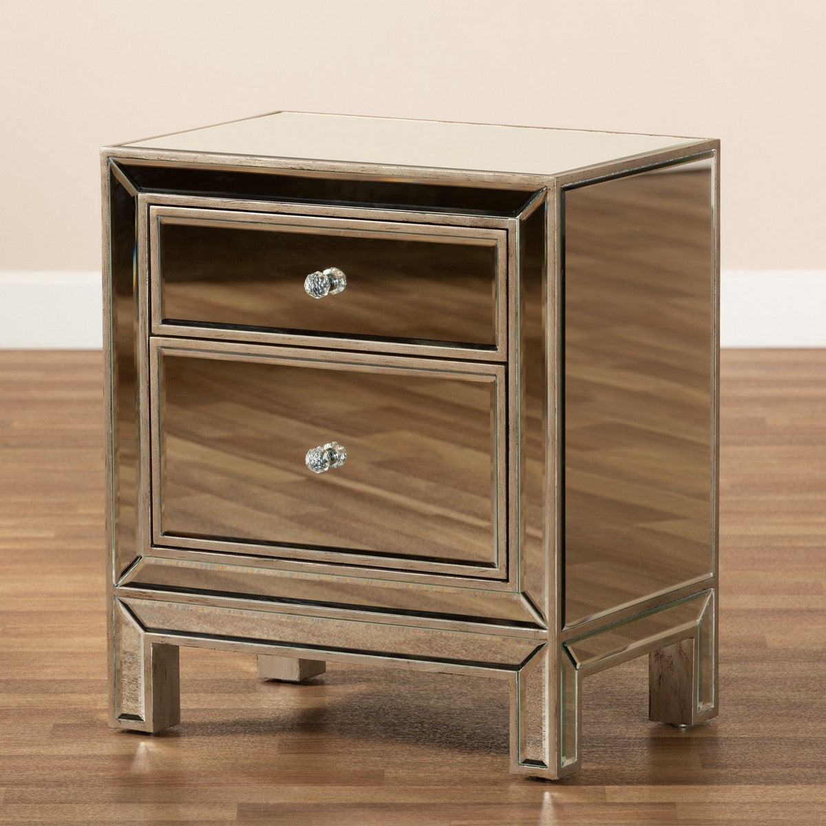 Baxton Studio Fadri Contemporary Glam and Luxe Mirrored 2-Drawer Nightstand