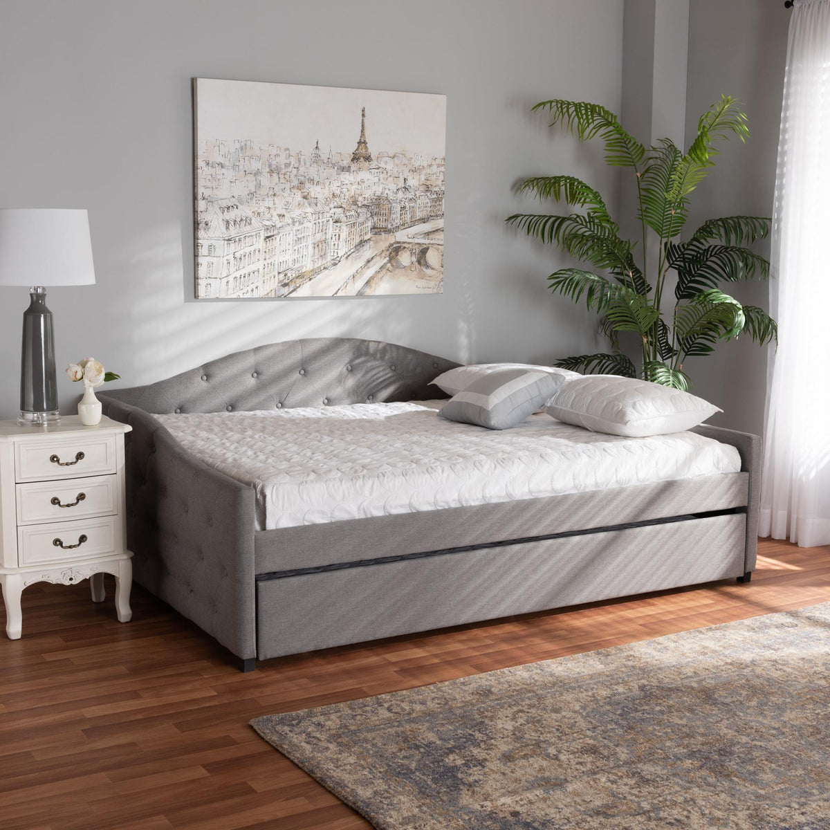 Baxton Studio Becker Modern And Contemporary Transitional Grey Fabric Upholstered Queen Size Daybed With Trundle - Becker-Grey-Daybed-Q/T