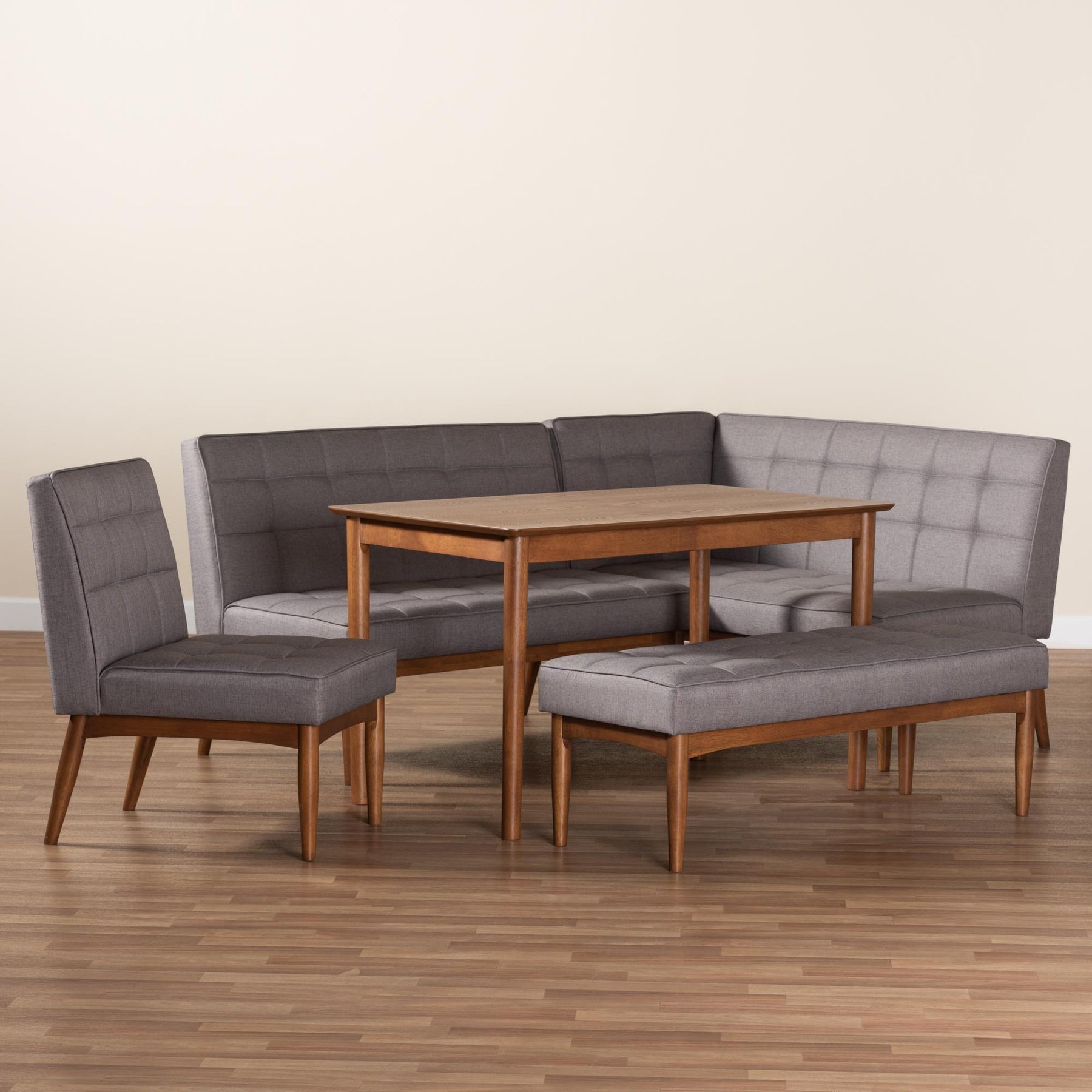 Baxton Studio Sanford Mid-Century Modern Grey Fabric Upholstered And Walnut Brown Finished Wood 5-Piece Dining Nook Set - BBT8051.11-Grey/Walnut-5PC Dining Nook Set