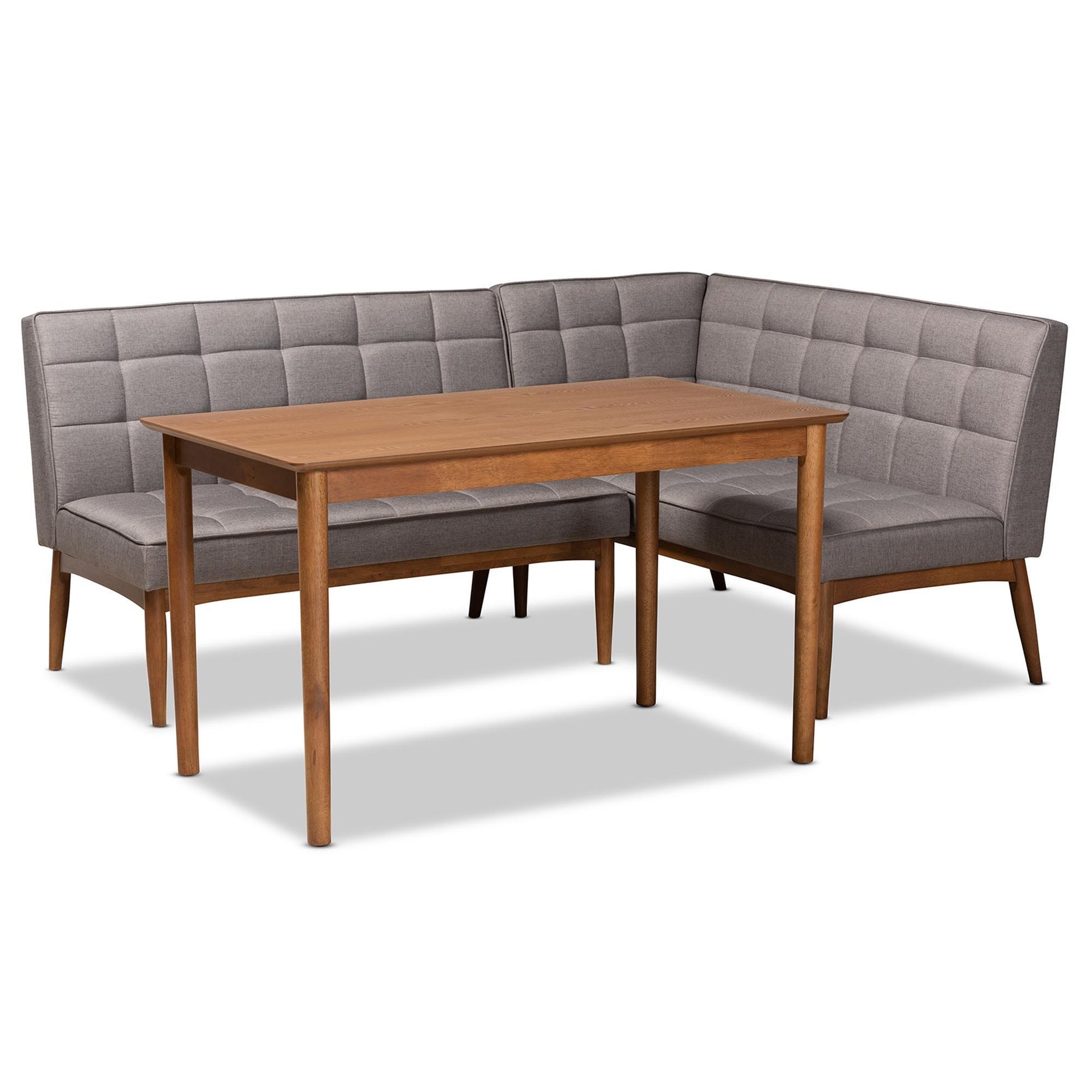 Baxton Studio Sanford Mid-Century Modern Grey Fabric Upholstered And Walnut Brown Finished Wood 3-Piece Dining Nook Set - BBT8051.11-Grey/Walnut-3PC Dining Nook Set