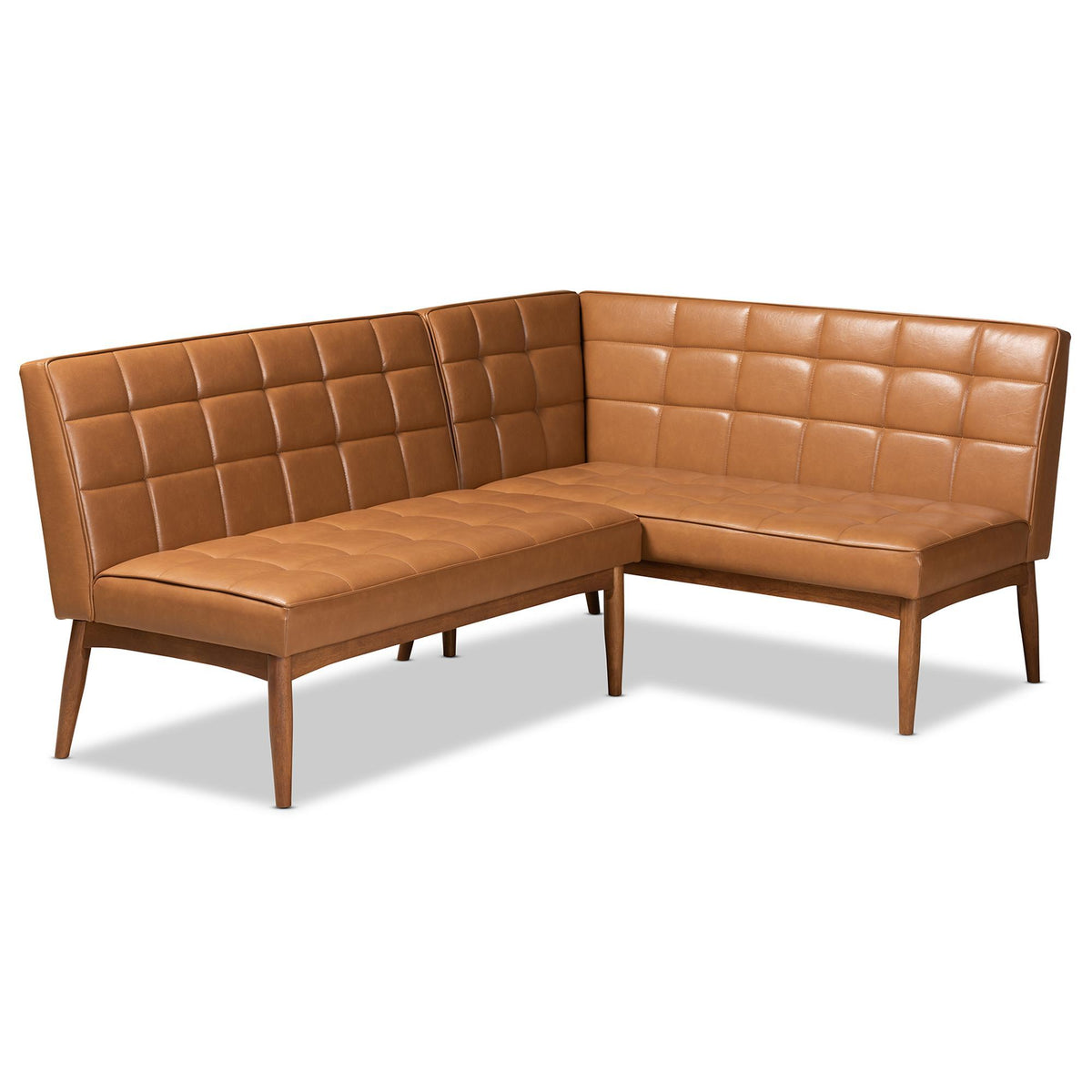 Baxton Studio Sanford Mid-Century Modern Tan Faux Leather Upholstered And Walnut Brown Finished Wood 2-Piece Dining Nook Banquette Set - BBT8051.11-Tan/Walnut-2PC SF Bench