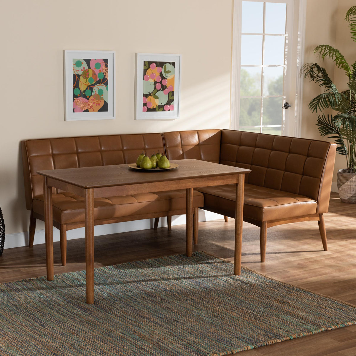 Baxton Studio Sanford Mid-Century Modern Tan Faux Leather Upholstered And Walnut Brown Finished Wood 3-Piece Dining Nook Set - BBT8051.11-Tan/Walnut-3PC Dining Nook Set