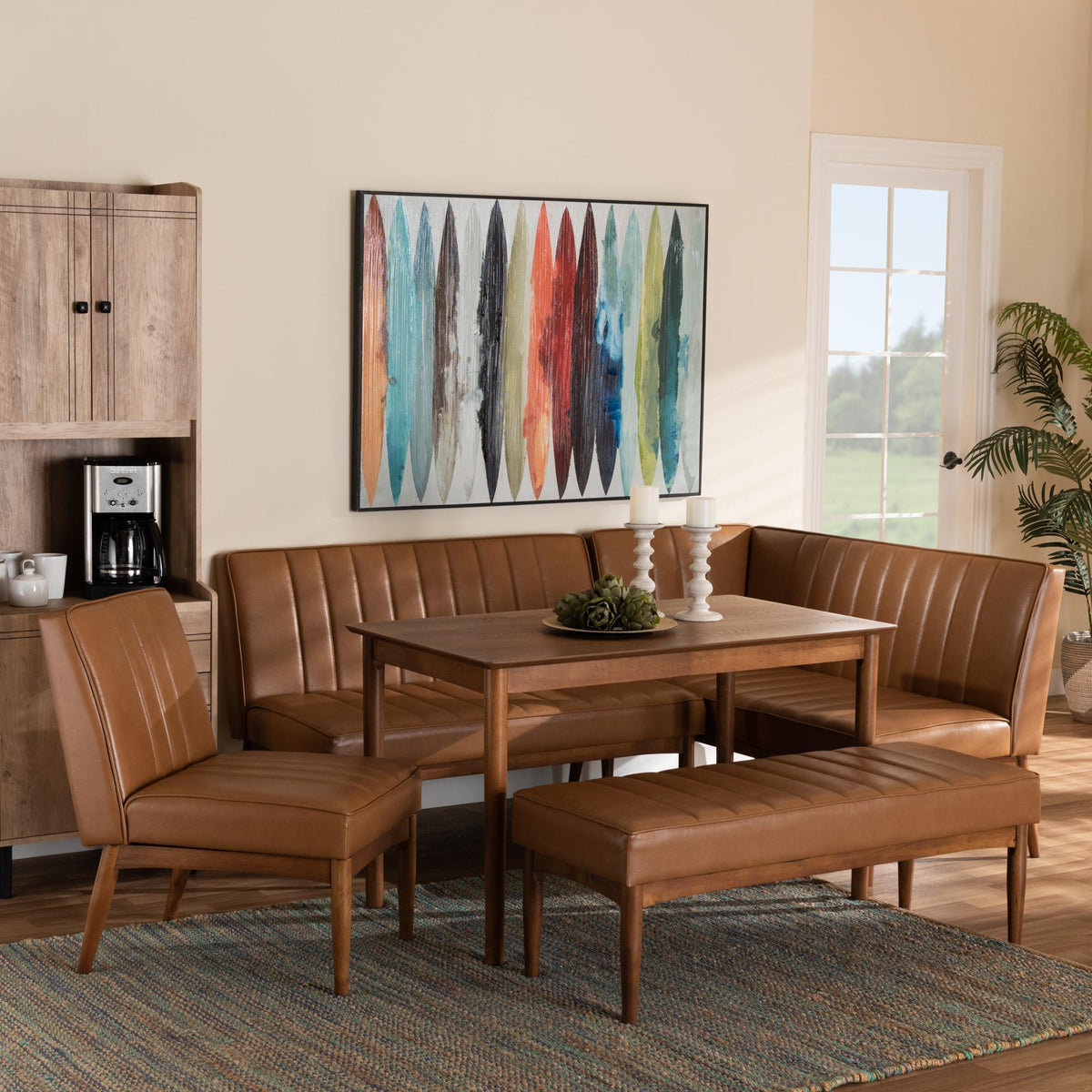 Baxton Studio Daymond Mid-Century Modern Tan Faux Leather Upholstered And Walnut Brown Finished Wood 5-Piece Dining Nook Set - BBT8051.12-Tan/Walnut-5PC Dining Nook Set