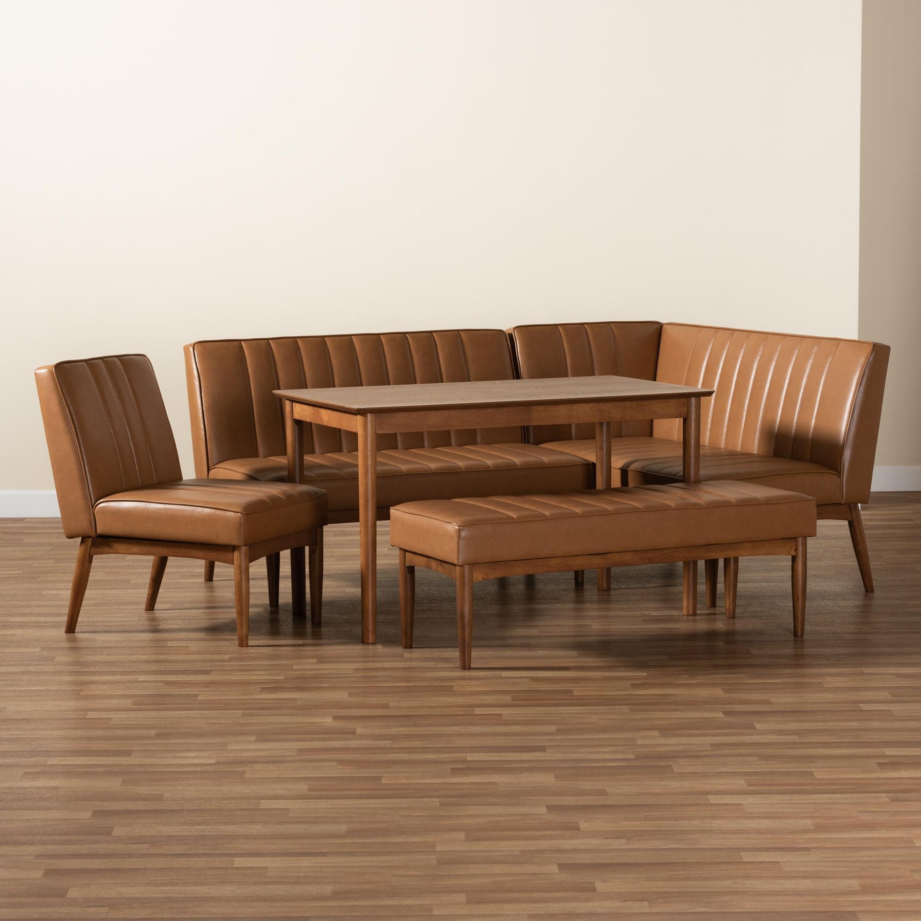 Baxton Studio Daymond Mid-Century Modern Tan Faux Leather Upholstered And Walnut Brown Finished Wood 5-Piece Dining Nook Set - BBT8051.12-Tan/Walnut-5PC Dining Nook Set