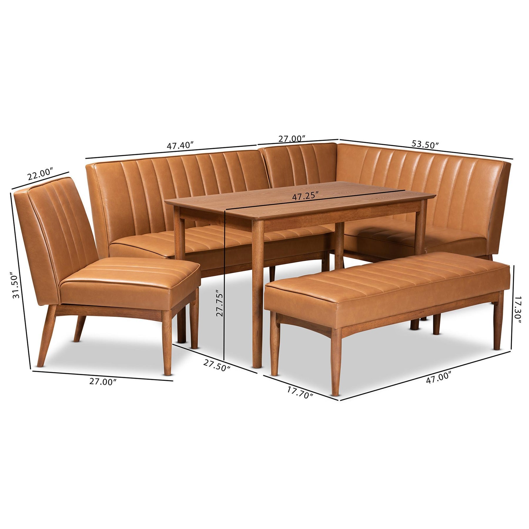 Baxton Studio Daymond Mid-Century Modern Tan Faux Leather Upholstered And Walnut Brown Finished Wood 5-Piece Dining Nook Set - BBT8051.12-Tan/Walnut-5PC Dining Nook Set