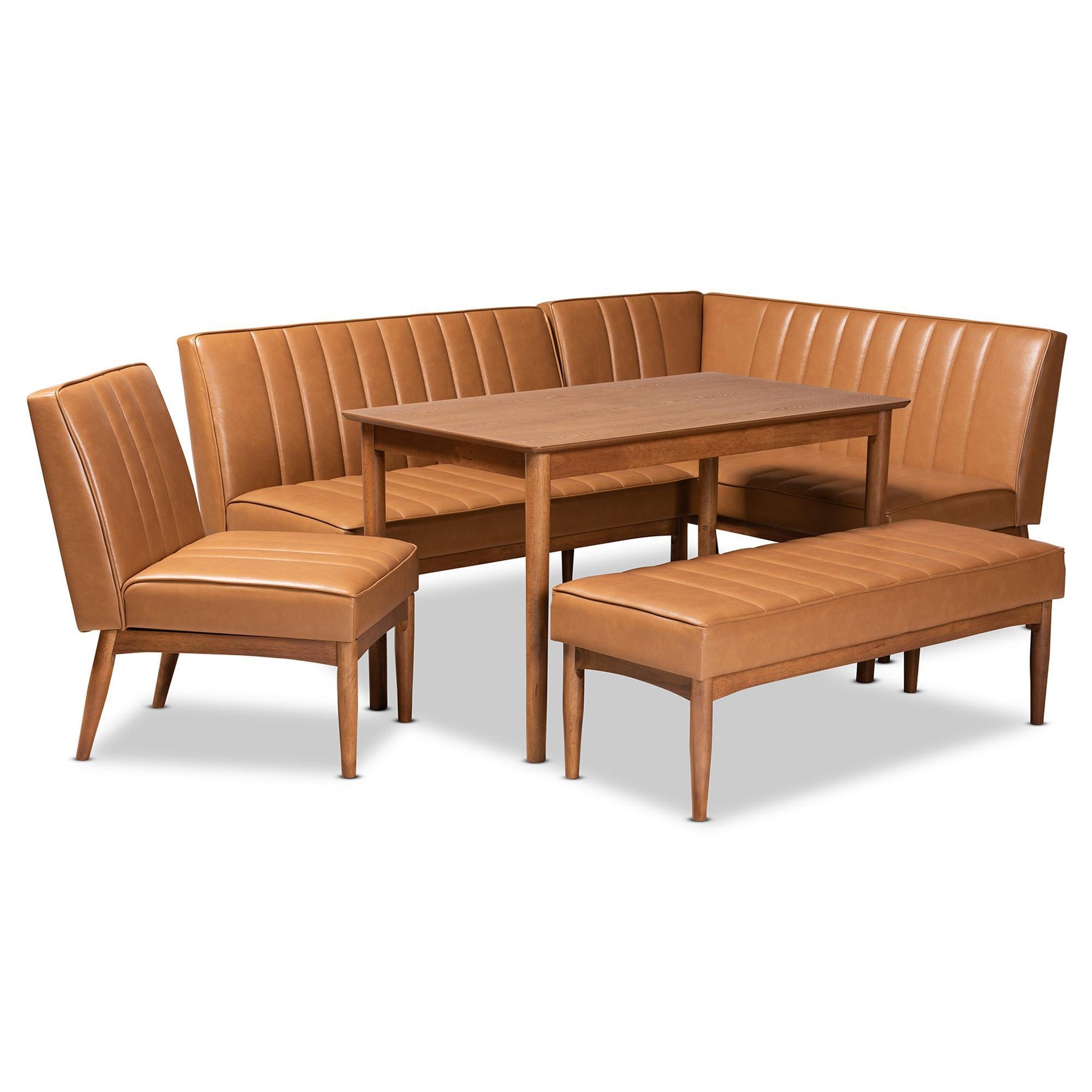 Baxton Studio Daymond Mid-Century Modern Tan Faux Leather Upholstered And Walnut Brown Finished Wood 5-Piece Dining Nook Set - BBT8051.12-Tan/Walnut-5PC Dining Nook Set