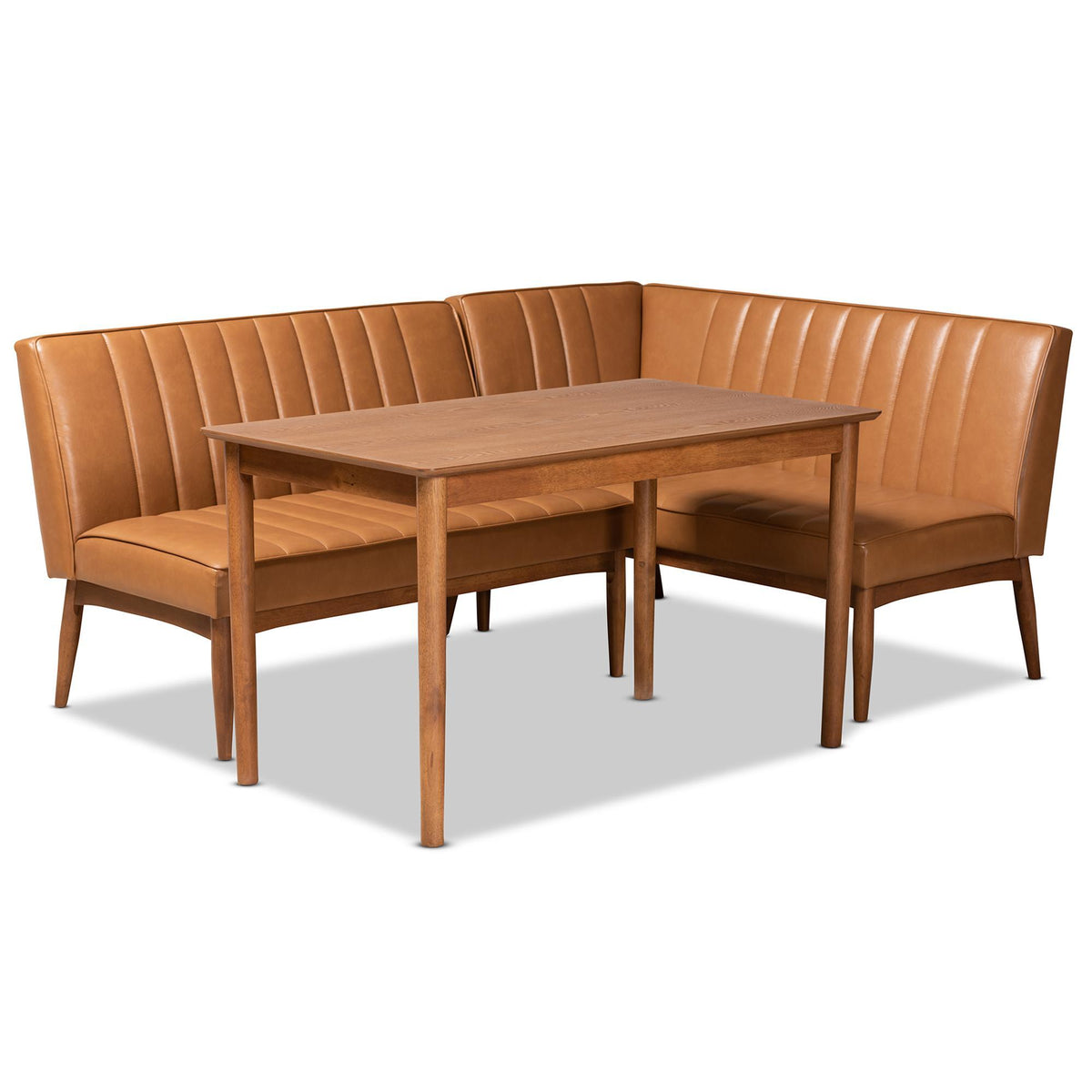 Baxton Studio Daymond Mid-Century Modern Tan Faux Leather Upholstered And Walnut Brown Finished Wood 3-Piece Dining Nook Set - BBT8051.12-Tan/Walnut-3PC Dining Nook Set