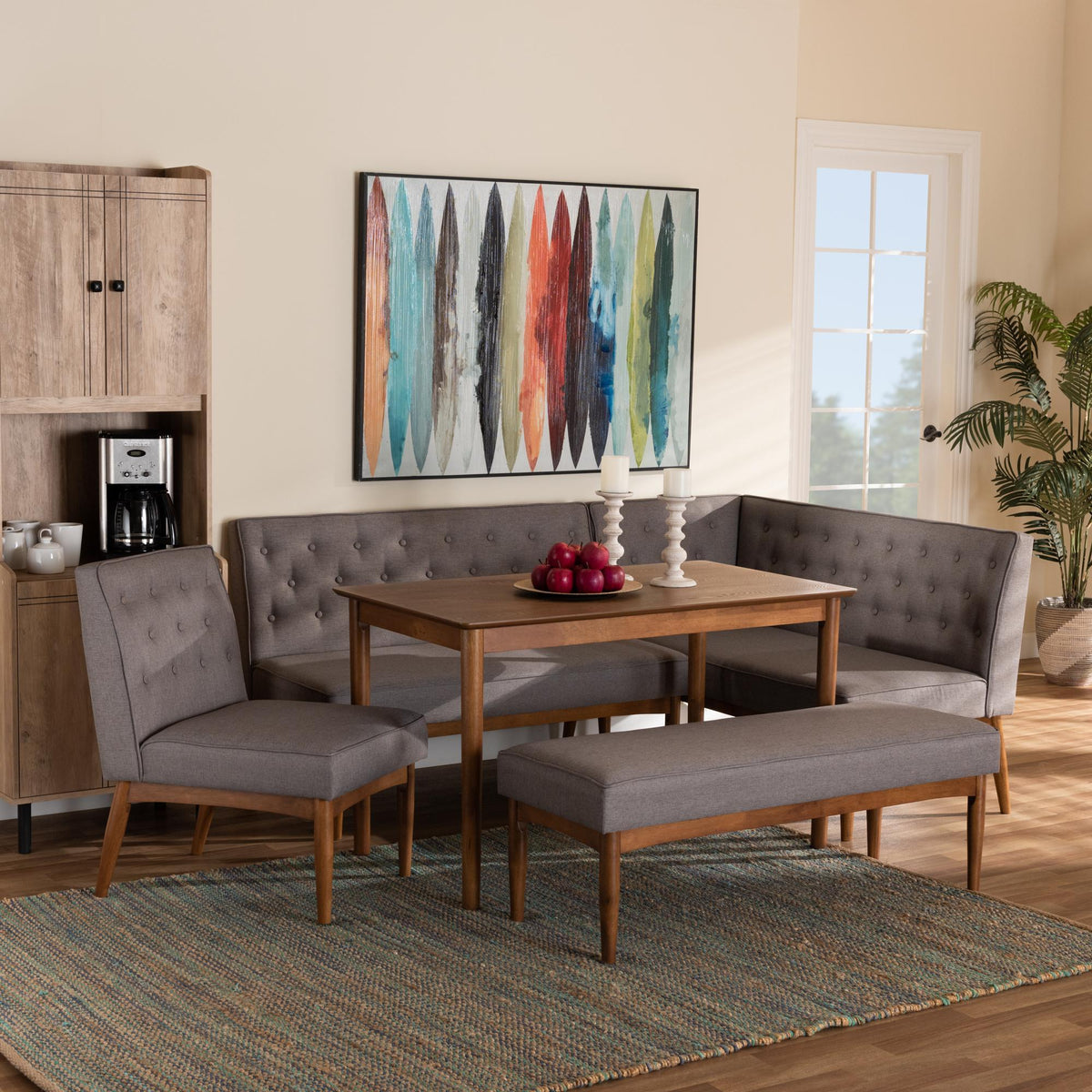 Baxton Studio Riordan Mid-Century Modern Grey Fabric Upholstered And Walnut Brown Finished Wood 5-Piece Dining Nook Set - BBT8051.13-Grey/Walnut-5PC Dining Nook Set