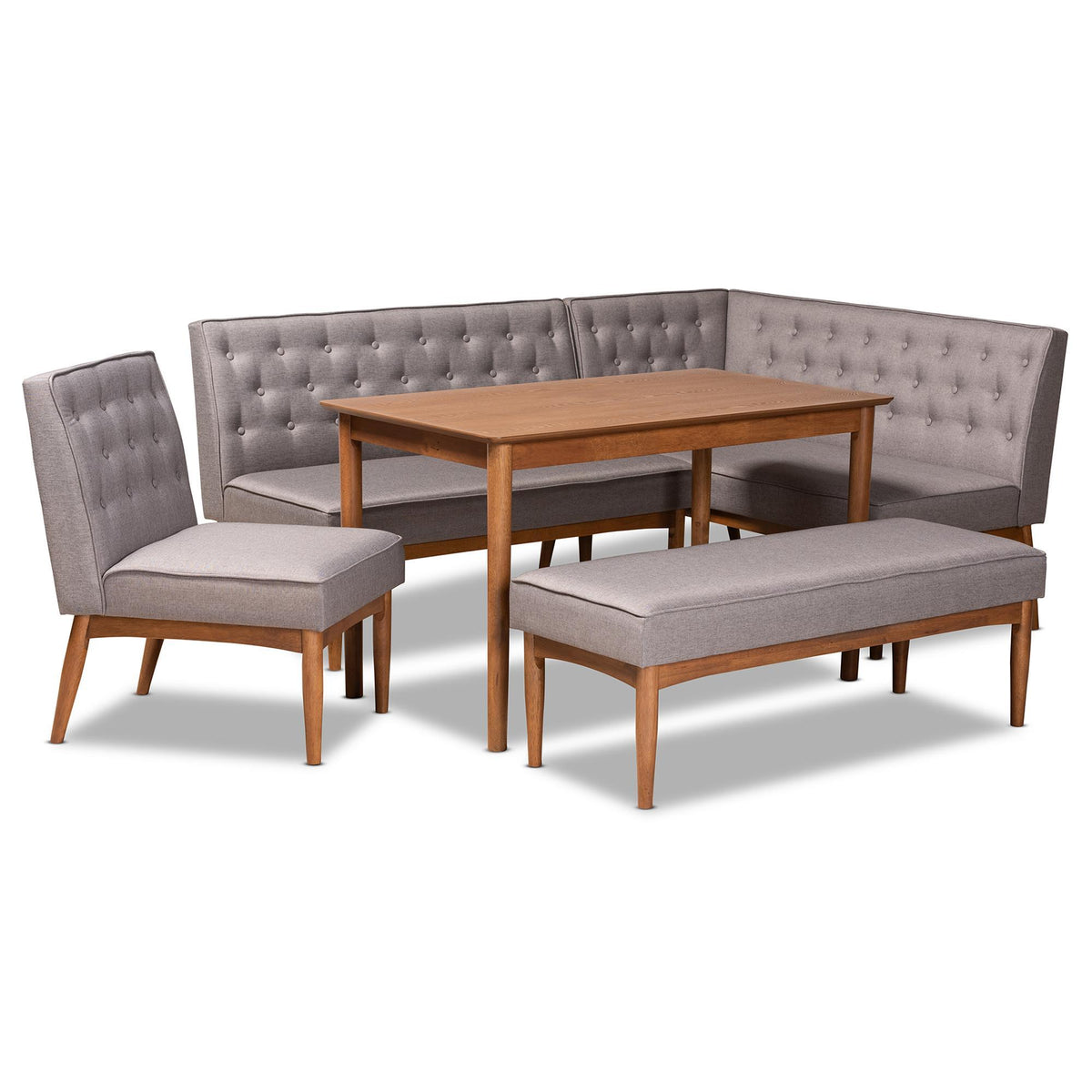 Baxton Studio Riordan Mid-Century Modern Grey Fabric Upholstered And Walnut Brown Finished Wood 5-Piece Dining Nook Set - BBT8051.13-Grey/Walnut-5PC Dining Nook Set