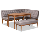 Baxton Studio Riordan Mid-Century Modern Grey Fabric Upholstered And Walnut Brown Finished Wood 4-Piece Dining Nook Set - BBT8051.13-Grey/Walnut-4PC Dining Nook Set