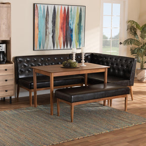 Baxton Studio Riordan Mid-Century Modern Dark Brown Faux Leather Upholstered And Walnut Brown Finished Wood 4-Piece Dining Nook Set - BBT8051.13-Dark Brown/Walnut-4PC Dining Nook Set