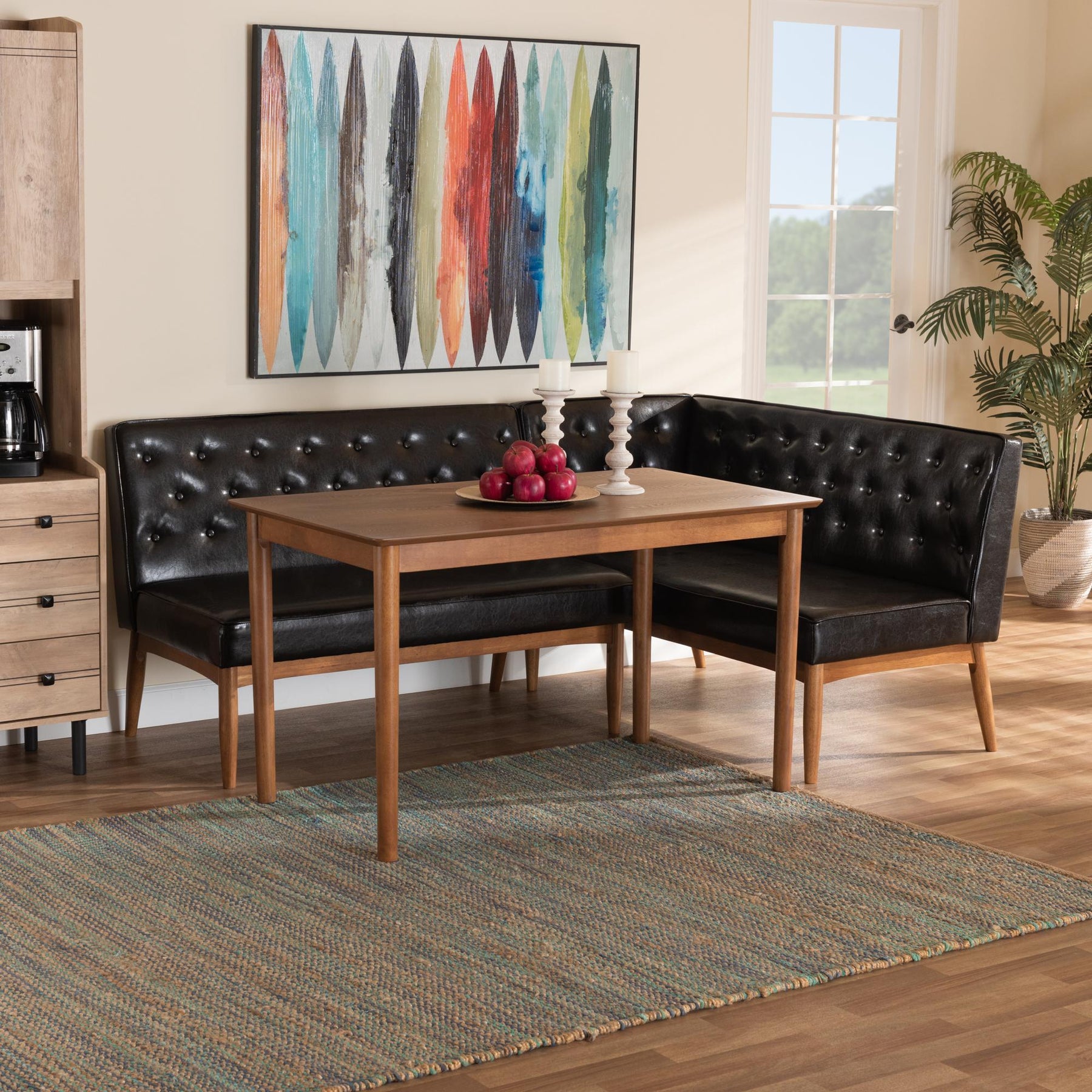 Baxton Studio Riordan Mid-Century Modern Dark Brown Faux Leather Upholstered And Walnut Brown Finished Wood 3-Piece Dining Nook Set - BBT8051.13-Dark Brown/Walnut-3PC Dining Nook Set